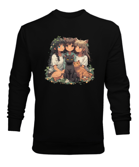 Tisho - Anime Land Serisi :Anime Cat Family Siyah Erkek Sweatshirt