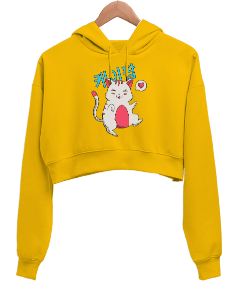 Tisho - Anime Manga Love Cat Comic Baskılı Sarı Kadın Crop Hoodie Kapüşonlu Sweatshirt