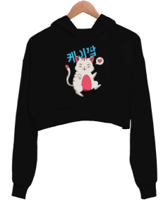 Tisho - Anime Manga Love Cat Comic Baskılı Siyah Kadın Crop Hoodie Kapüşonlu Sweatshirt