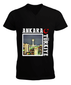 ankara, ankara şehir ,Türkiye,Türkiye bayrağı. Erkek Kısa Kol V Yaka Tişört - Tisho