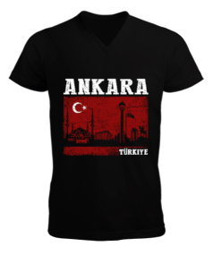 ankara, ankara şehir ,Türkiye,Türkiye bayrağı. Erkek Kısa Kol V Yaka Tişört - Tisho