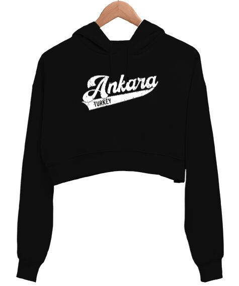 Tisho - Ankara Başkent Türkiye Baskılı Siyah Kadın Crop Hoodie Kapüşonlu Sweatshirt