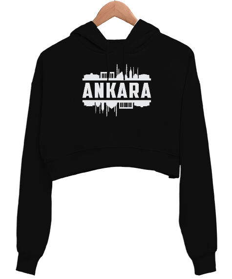 Tisho - Ankara Başkent Türkiye Silüet Baskılı Siyah Kadın Crop Hoodie Kapüşonlu Sweatshirt