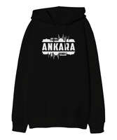 Ankara Başkent Türkiye Silüet Baskılı Siyah Oversize Unisex Kapüşonlu Sweatshirt - Tisho