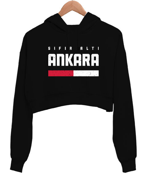 Tisho - Ankara Sıfır Altı Tasarım Baskılı Siyah Kadın Crop Hoodie Kapüşonlu Sweatshirt