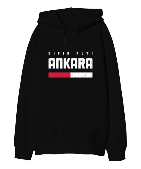 Tisho - Ankara Sıfır Altı Tasarım Baskılı Siyah Oversize Unisex Kapüşonlu Sweatshirt