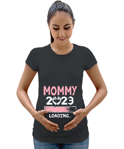 Tisho - Anne 2023 Yükleniyor - Mommy 2023 Loading Baskılı Füme Kadın Hamile Tişört