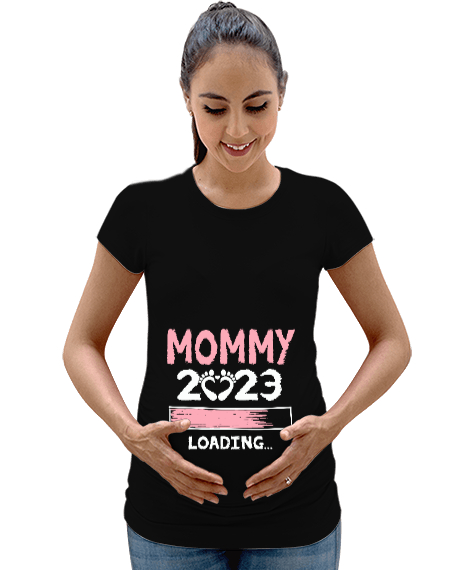 Tisho - Anne 2023 Yükleniyor - Mommy 2023 Loading Baskılı Siyah Kadın Hamile Tişört
