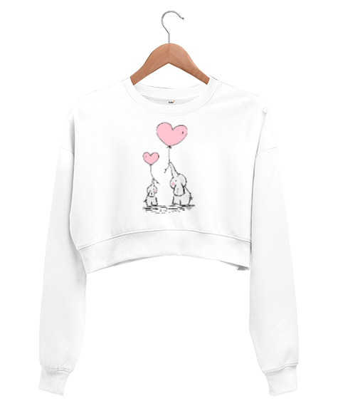Tisho - Anne ve Yavru Fil, Sevgi - Elephant Beyaz Kadın Crop Sweatshirt