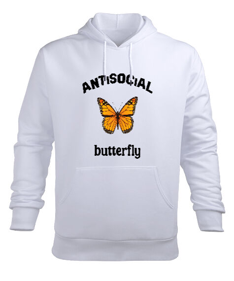 Tisho - Anti-Social Butterfly Beyaz Erkek Kapüşonlu Hoodie Sweatshirt