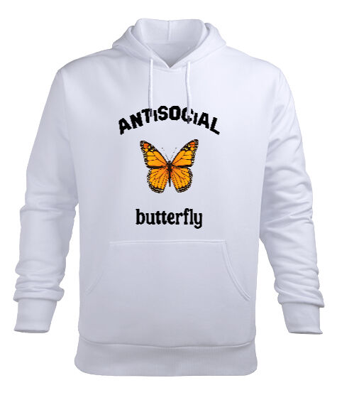 Anti-Social Butterfly Beyaz Erkek Kapüşonlu Hoodie Sweatshirt - Tisho