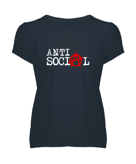 Tisho - Anti Sosyal - Anti Social Füme Kadın V Yaka Tişört