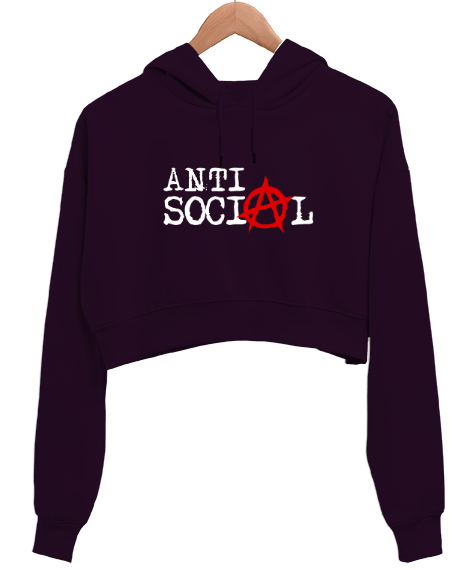 Tisho - Anti Sosyal - Anti Social Koyu Mor Kadın Crop Hoodie Kapüşonlu Sweatshirt