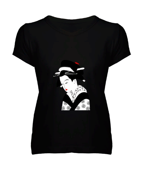 Tisho - Antik Çağ Çinli Siyah Kadın V Yaka Tişört