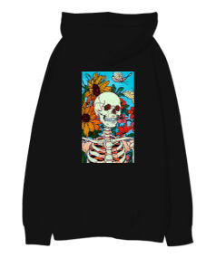 Arkası iskelet temalı Oversize Unisex Kapüşonlu Sweatshirt - Thumbnail
