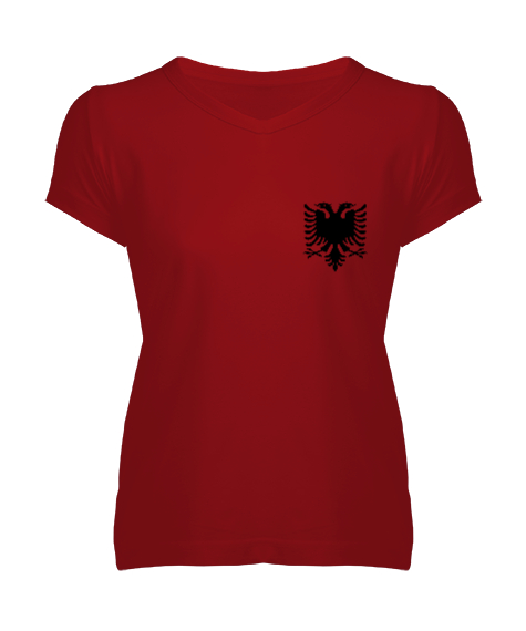 Tisho - Arnavutluk,albania,Arnavutluk Bayrağı,Arnavutluk logosu,albania flag. Kırmızı Kadın V Yaka Tişört