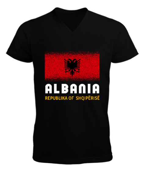 Tisho - Arnavutluk,albania,Arnavutluk Bayrağı,Arnavutluk logosu,albania flag. Siyah Erkek Kısa Kol V Yaka Tişört
