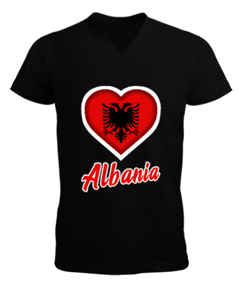 Tisho - Arnavutluk,albania,Arnavutluk Bayrağı,Arnavutluk logosu,albania flag. Siyah Erkek Kısa Kol V Yaka Tişört