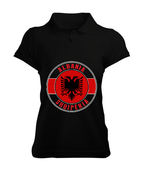 Tisho - Arnavutluk,albania,Arnavutluk Bayrağı,Arnavutluk logosu,albania flag. Siyah Kadın Polo Yaka Tişört