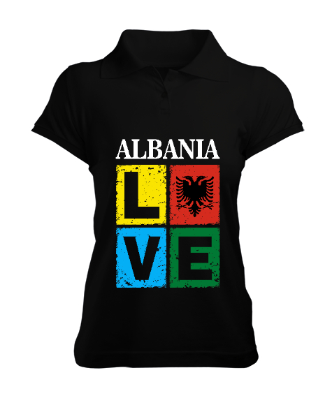 Tisho - Arnavutluk,albania,Arnavutluk Bayrağı,Arnavutluk logosu,albania flag. Siyah Kadın Polo Yaka Tişört
