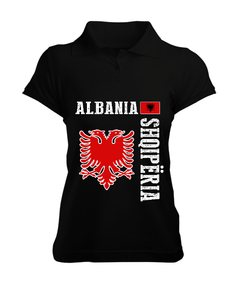 Tisho - Arnavutluk,albania,Arnavutluk Bayrağı,Arnavutluk logosu,albania flag. Siyah Kadın Polo Yaka Tişört