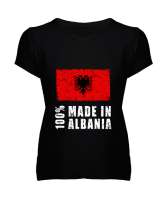 Arnavutluk,albania,Arnavutluk Bayrağı,Arnavutluk logosu,albania flag. Siyah Kadın V Yaka Tişört - Tisho