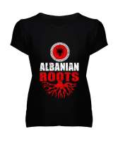 Arnavutluk,albania,Arnavutluk Bayrağı,Arnavutluk logosu,albania flag. Siyah Kadın V Yaka Tişört - Tisho