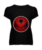 Arnavutluk,albania,Arnavutluk Bayrağı,Arnavutluk logosu,albania flag. Siyah Kadın V Yaka Tişört - Tisho