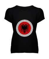 Arnavutluk,albania,Arnavutluk Bayrağı,Arnavutluk logosu,albania flag. Siyah Kadın V Yaka Tişört - Tisho