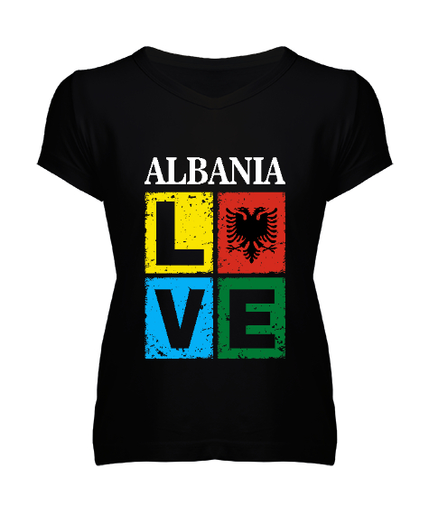 Tisho - Arnavutluk,albania,Arnavutluk Bayrağı,Arnavutluk logosu,albania flag. Siyah Kadın V Yaka Tişört