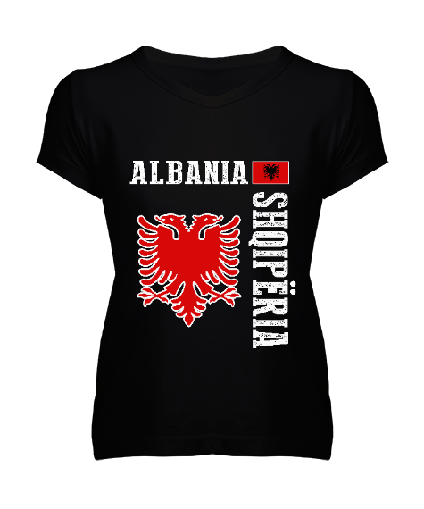 Tisho - Arnavutluk,albania,Arnavutluk Bayrağı,Arnavutluk logosu,albania flag. Siyah Kadın V Yaka Tişört