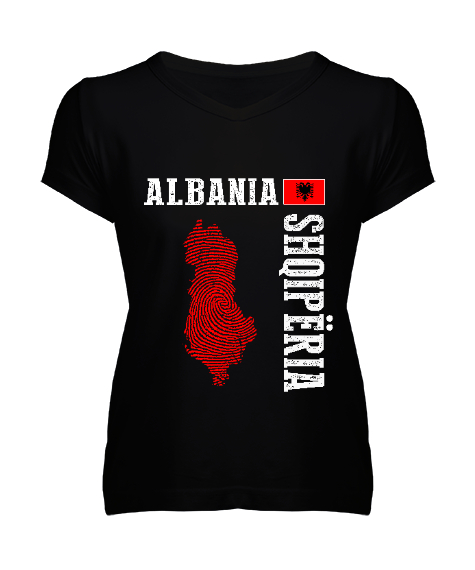 Tisho - Arnavutluk,albania,Arnavutluk Bayrağı,Arnavutluk logosu,albania flag. Siyah Kadın V Yaka Tişört