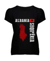 Arnavutluk,albania,Arnavutluk Bayrağı,Arnavutluk logosu,albania flag. Siyah Kadın V Yaka Tişört - Tisho