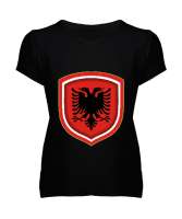 Arnavutluk,albania,Arnavutluk Bayrağı,Arnavutluk logosu,albania flag. Siyah Kadın V Yaka Tişört - Tisho