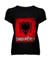 Arnavutluk,albania,Arnavutluk Bayrağı,Arnavutluk logosu,albania flag. Siyah Kadın V Yaka Tişört - Tisho