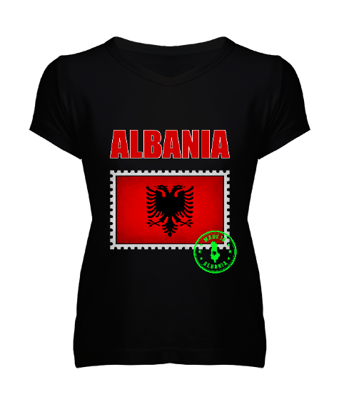 Tisho - Arnavutluk,albania,Arnavutluk Bayrağı,Arnavutluk logosu,albania flag. Siyah Kadın V Yaka Tişört