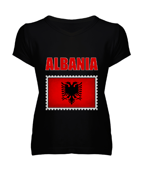 Tisho - Arnavutluk,albania,Arnavutluk Bayrağı,Arnavutluk logosu,albania flag. Siyah Kadın V Yaka Tişört