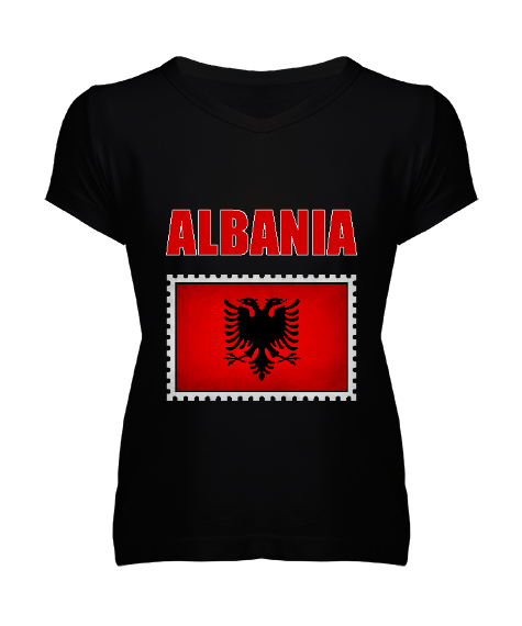 Arnavutluk,albania,Arnavutluk Bayrağı,Arnavutluk logosu,albania flag. Siyah Kadın V Yaka Tişört - Tisho