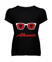Arnavutluk,albania,Arnavutluk Bayrağı,Arnavutluk logosu,albania flag. Siyah Kadın V Yaka Tişört - Tisho