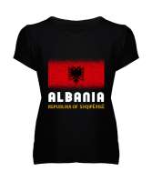 Arnavutluk,albania,Arnavutluk Bayrağı,Arnavutluk logosu,albania flag. Siyah Kadın V Yaka Tişört - Tisho