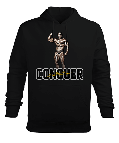 Tisho - Arnold Schwarzenegger Conquer Noir Baskılı Siyah Erkek Kapüşonlu Hoodie Sweatshirt