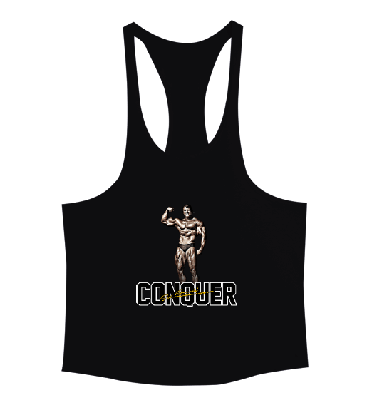 Tisho - Arnold Schwarzenegger Conquer Noir Baskılı Siyah Erkek Tank Top Atlet