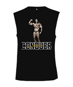 Tisho - Arnold Schwarzenegger Conquer Noir Baskılı Siyah Kesik Kol Unisex Tişört