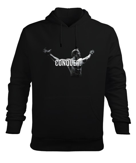 Tisho - Arnold Schwarzenegger CONQUER Vücut Geliştirme GYM Bodybuilding Fitness Baskılı Siyah Erkek Kapüşonlu Hoodie Sweatshirt