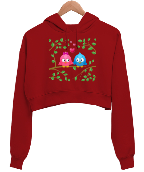 Tisho - aşık kuşlar Kırmızı Kadın Crop Hoodie Kapüşonlu Sweatshirt