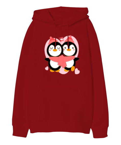 Tisho - aşık penguenler Kırmızı Oversize Unisex Kapüşonlu Sweatshirt
