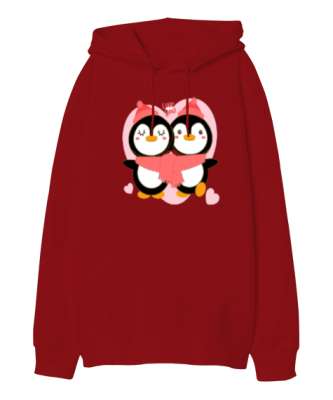 aşık penguenler Kırmızı Oversize Unisex Kapüşonlu Sweatshirt - Tisho