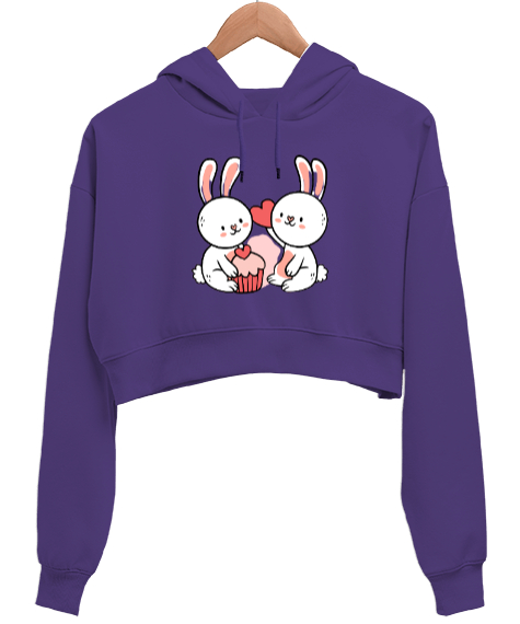 Tisho - aşık tavşanlar Mor Kadın Crop Hoodie Kapüşonlu Sweatshirt