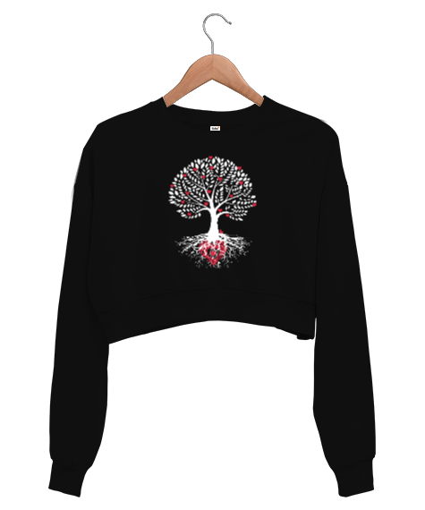 Tisho - Aşk Ağacı Siyah Kadın Crop Sweatshirt
