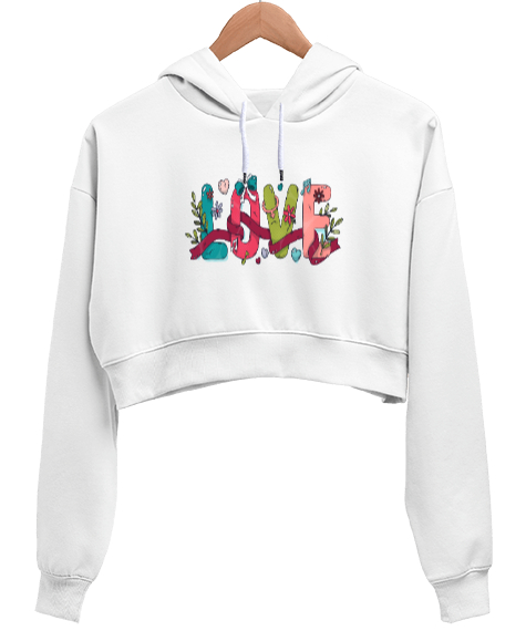 Tisho - Aşk Beyaz Kadın Crop Hoodie Kapüşonlu Sweatshirt